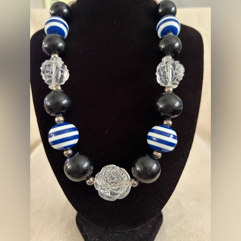 Blue and Black Statement Beaded Necklace - Unbranded